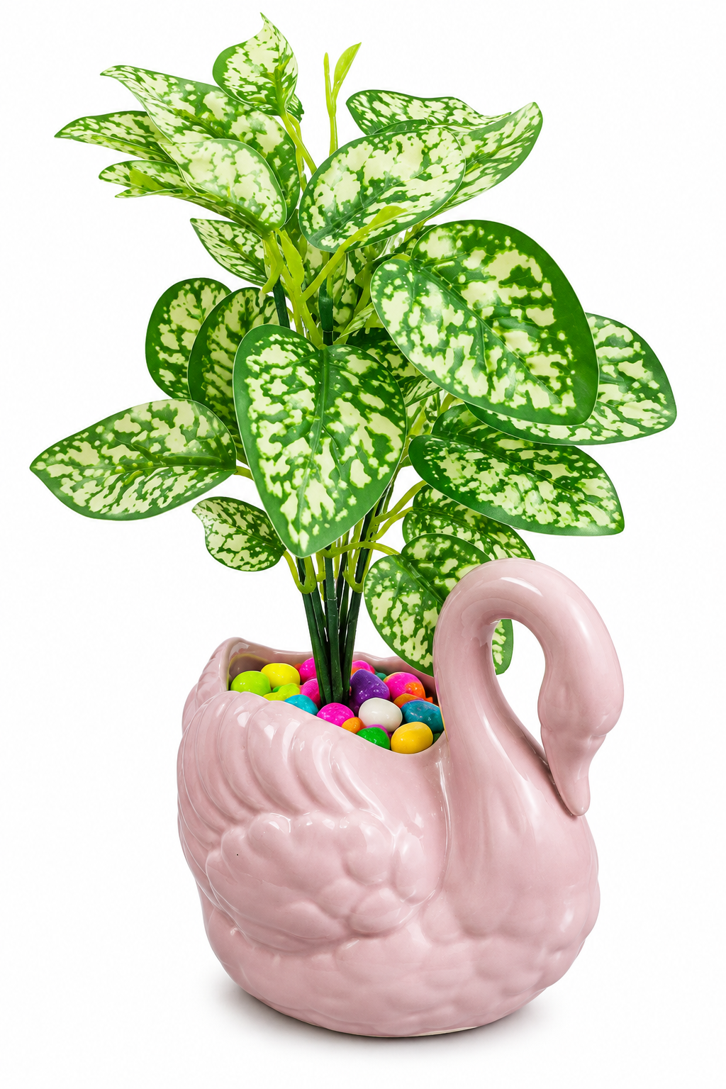 BOTAVEIL Artificial Snow White Aglaonema Plant with Pink Swan Decorative Pot & Multicolor Pebbles