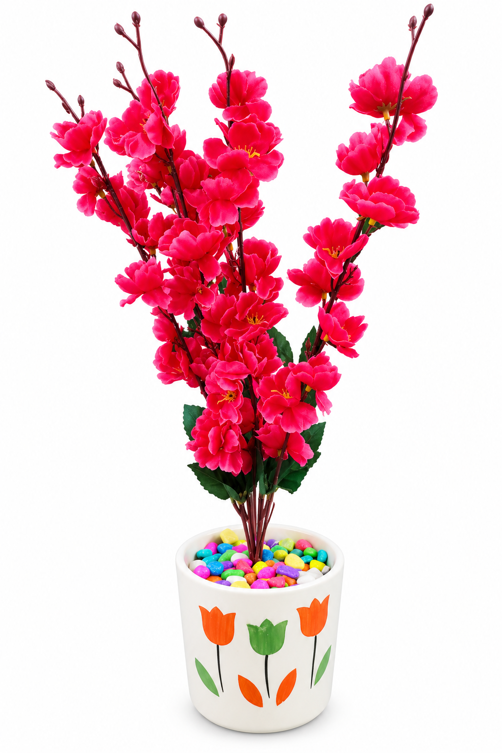 BOTAVEIL Artificial Pink Flower Decorative Plant with Multicolor Pebbles in Printed Decorative Planter