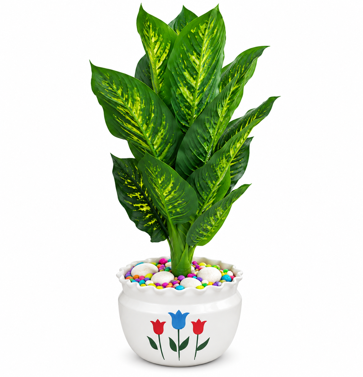 BOTAVEIL Artificial Variegated Green Foliage Plant with White Decorative Pot and Colorful Pebbles