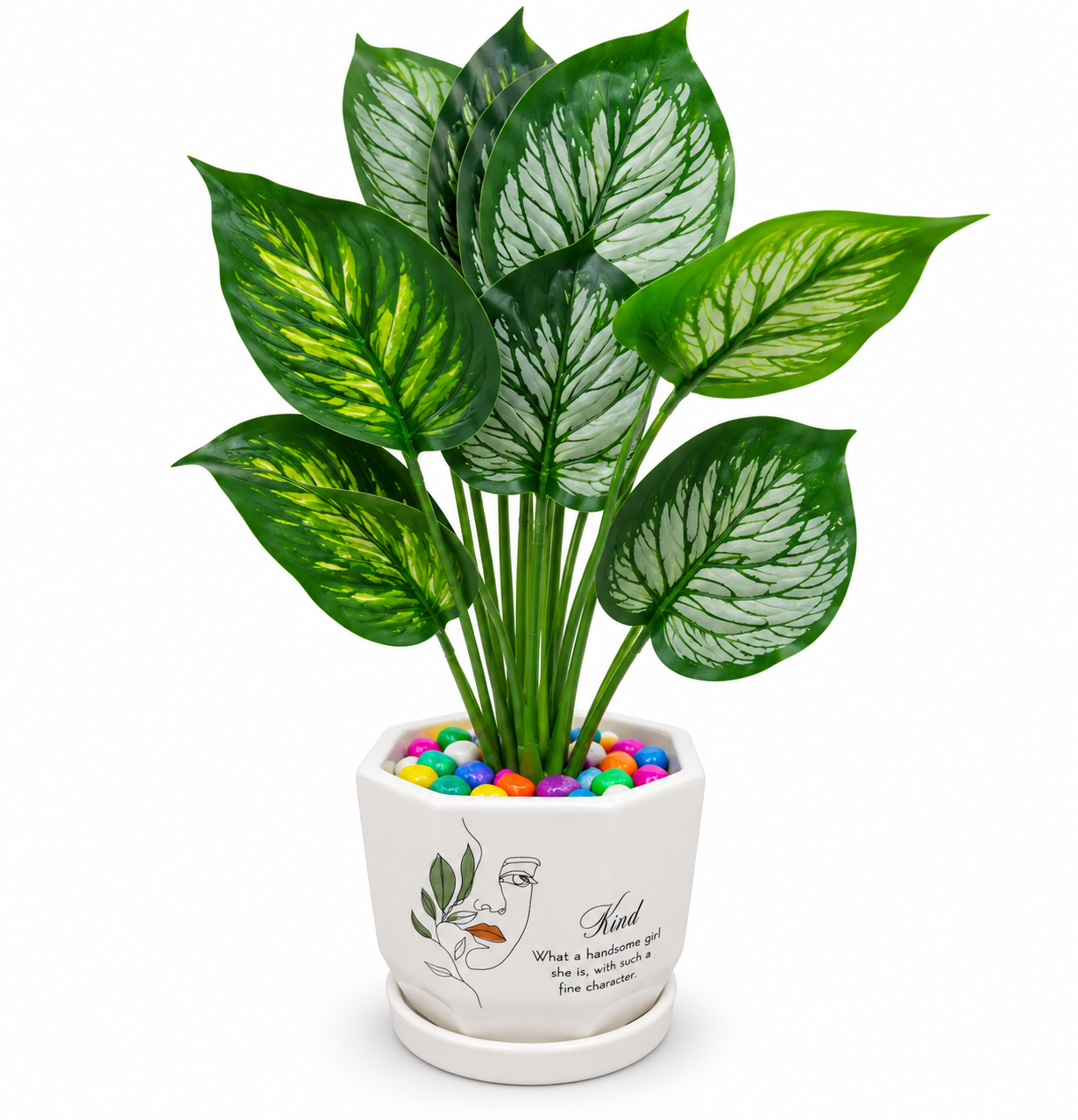 BOTAVEIL Artificial Silver Vein Leaf Foliage Plant with White Floral Ceramic Pot