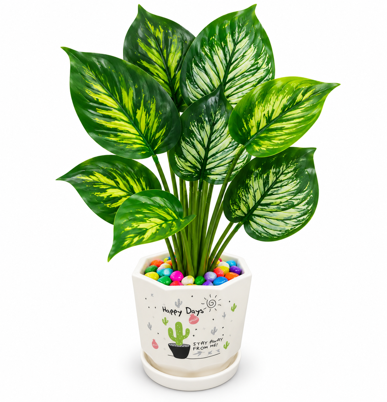 BOTAVEIL Artificial Variegated Green Leaf Plant with White Decorative Ceramic Pot