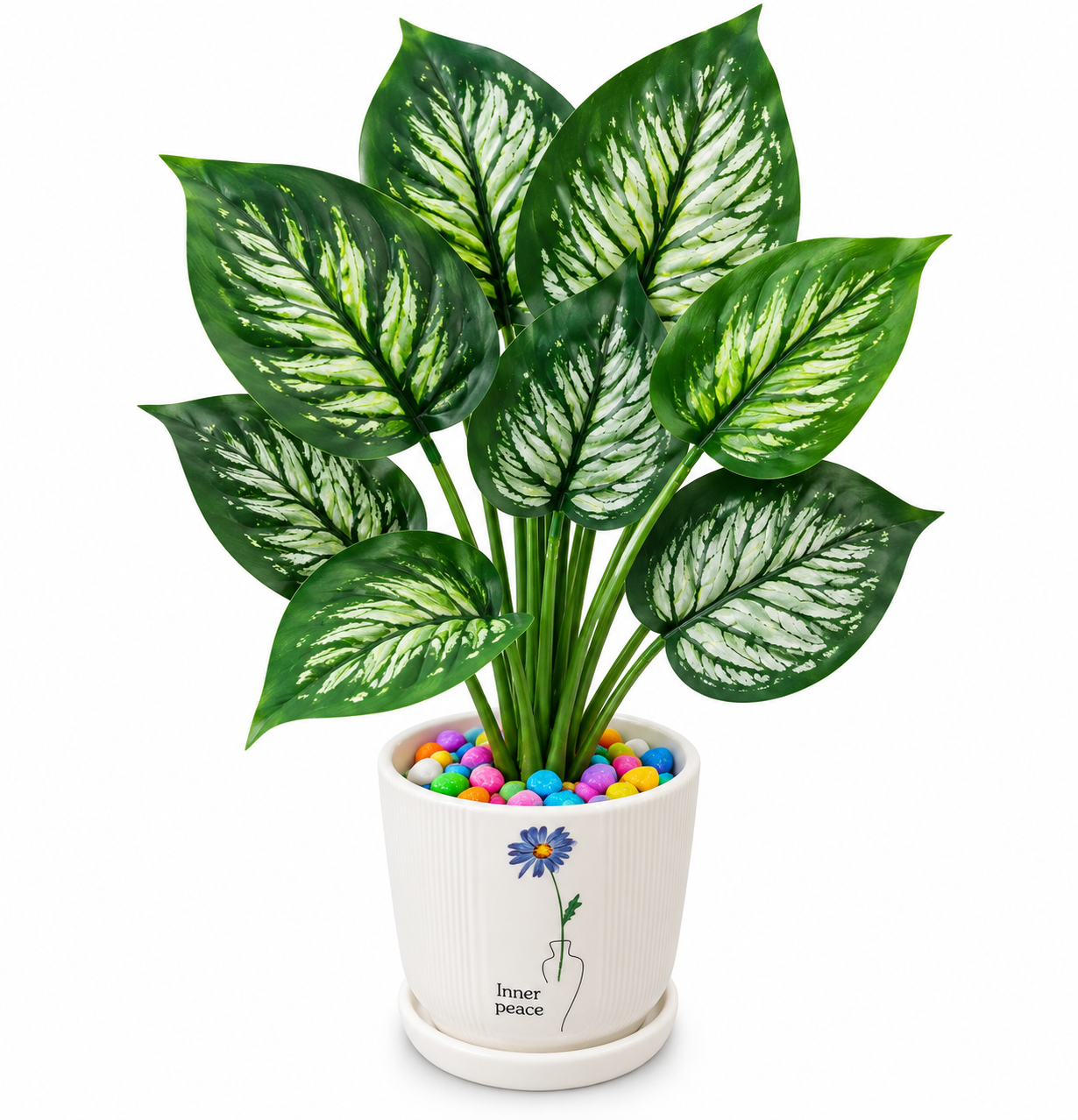 BOTAVEIL Artificial Silver Green Mixed Leaf Plant with White Decorative Ceramic Pot