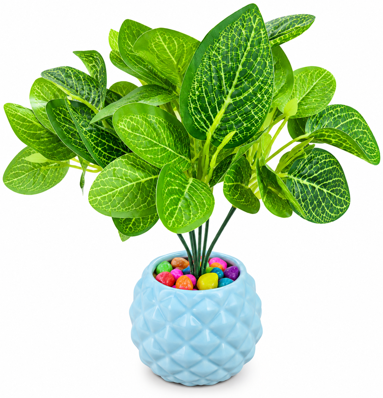 BOTAVEIL Artificial Snake Plant with Light Blue Decorative Pot & Multicolor Pebbles