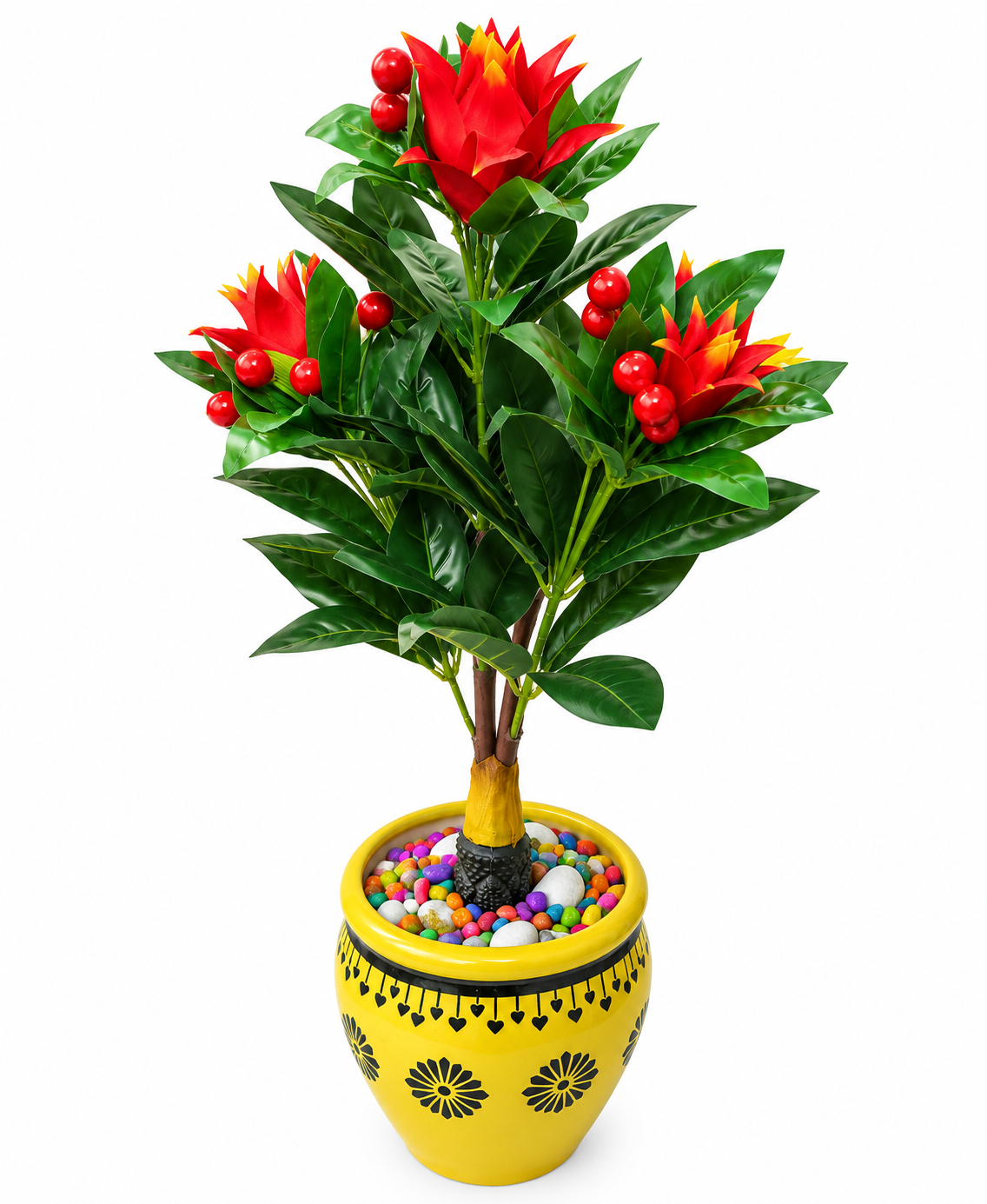 BOTAVEIL Artificial Red & Yellow Floral Plant with Yellow Decorative Pot and Multicolor Pebbles