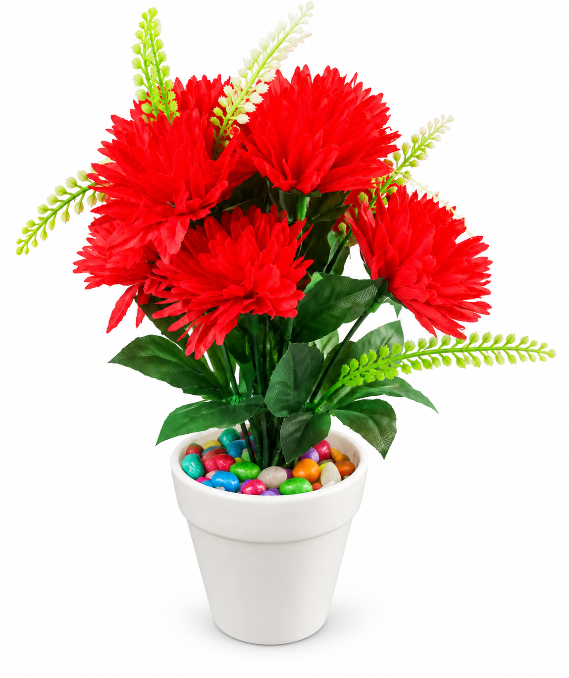 BOTAVEIL Artificial Red Flower Decorative Plant with Multicolor Pebbles in White Decorative Planter