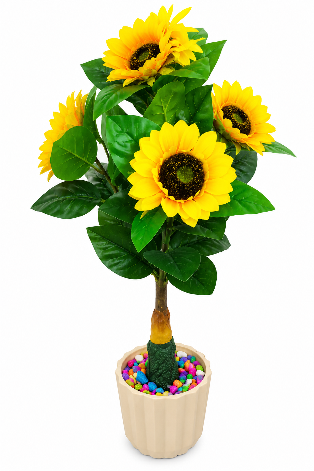 BOTAVEIL Artificial Sunflower Plant with White Decorative Pot and Multicolor Pebbles