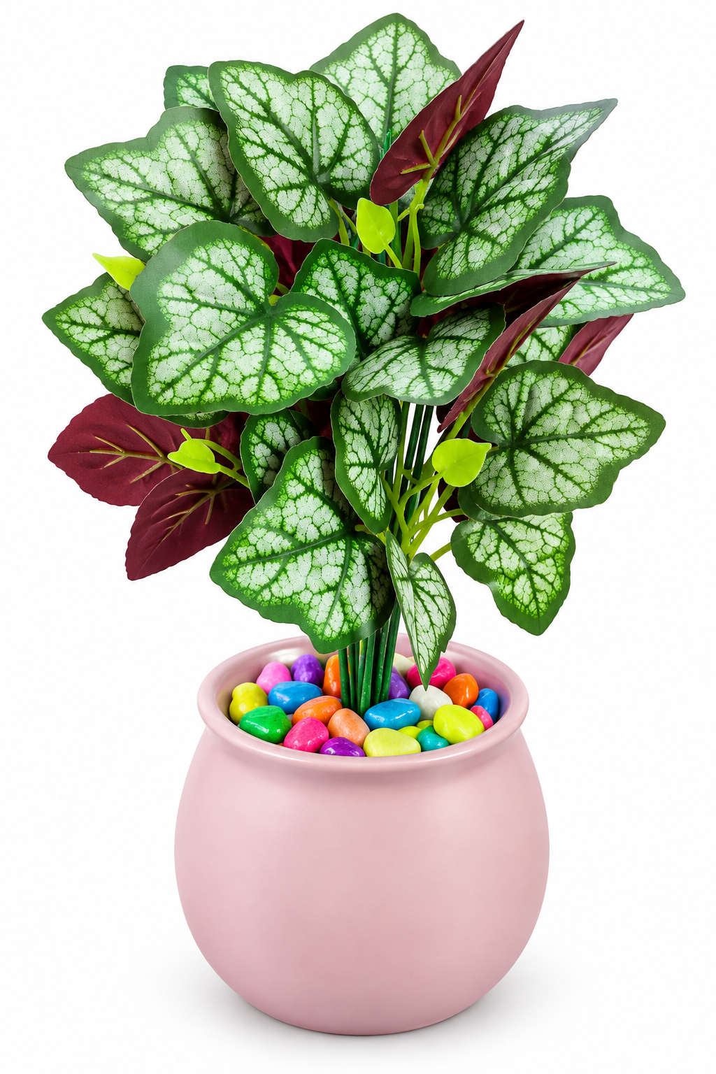BOTAVEIL Artificial Silver Caladium Plant with Pink Round Decorative Pot & Multicolor Pebbles