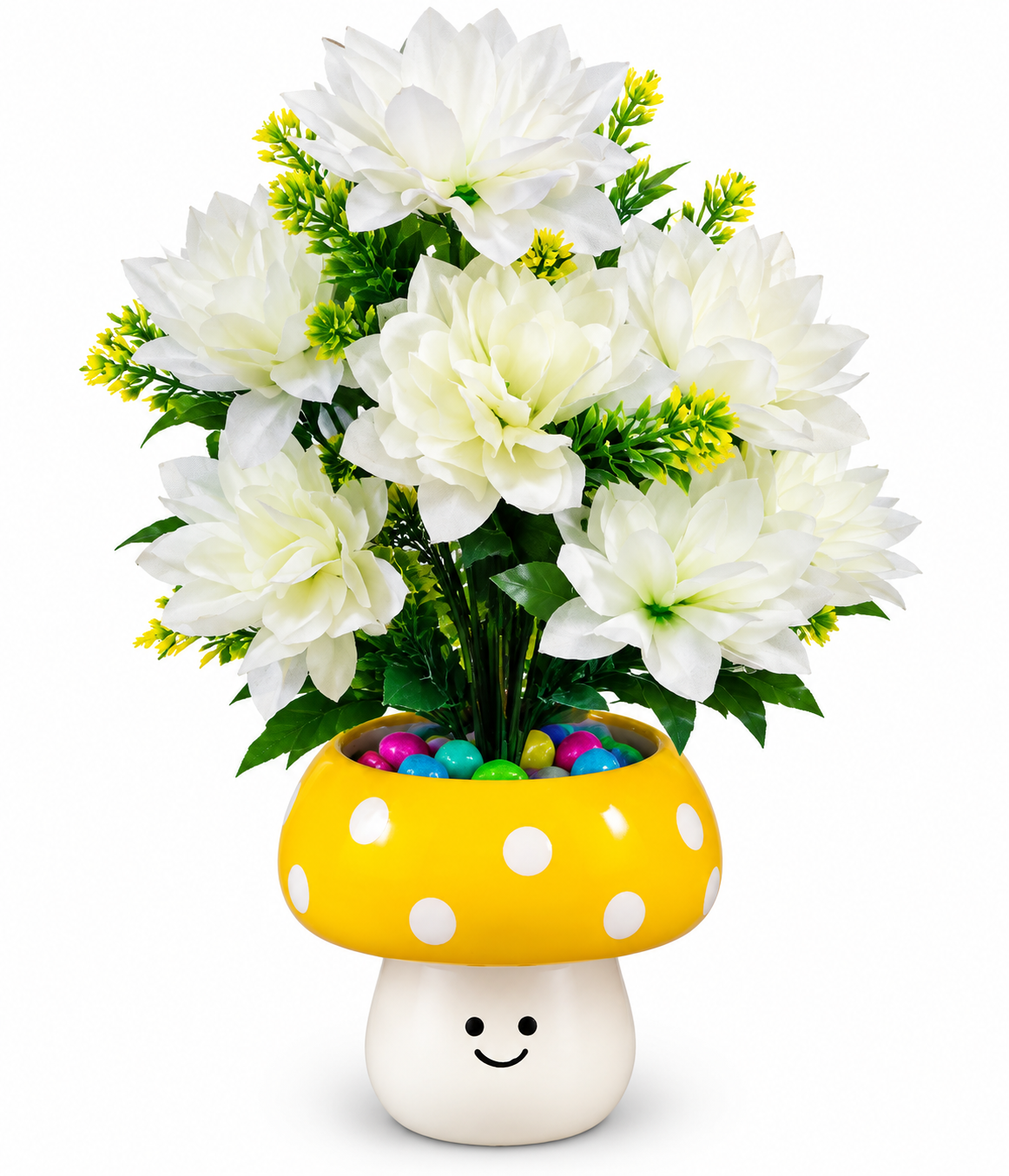 BOTAVEIL Artificial White Flowering Plant with Yellow Mushroom Decorative Pot and Green Foliage