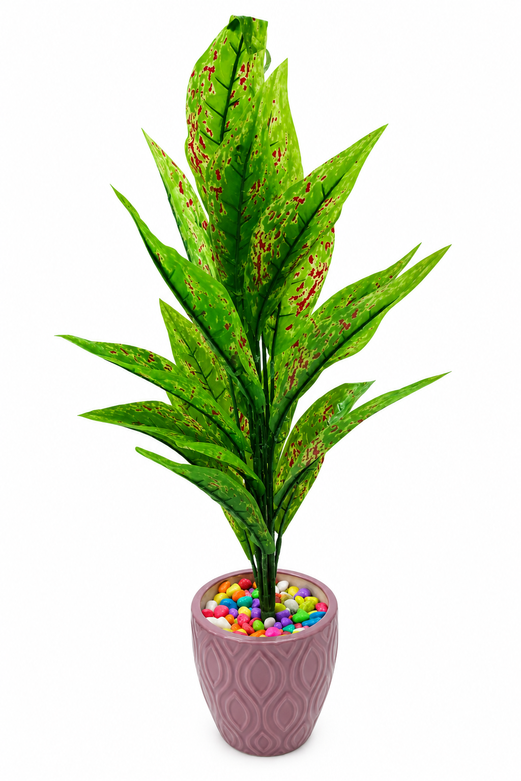 BOTAVEIL Artificial Green Variegated Foliage Plant with Pink Textured Decorative Pot and Multicolor Pebbles
