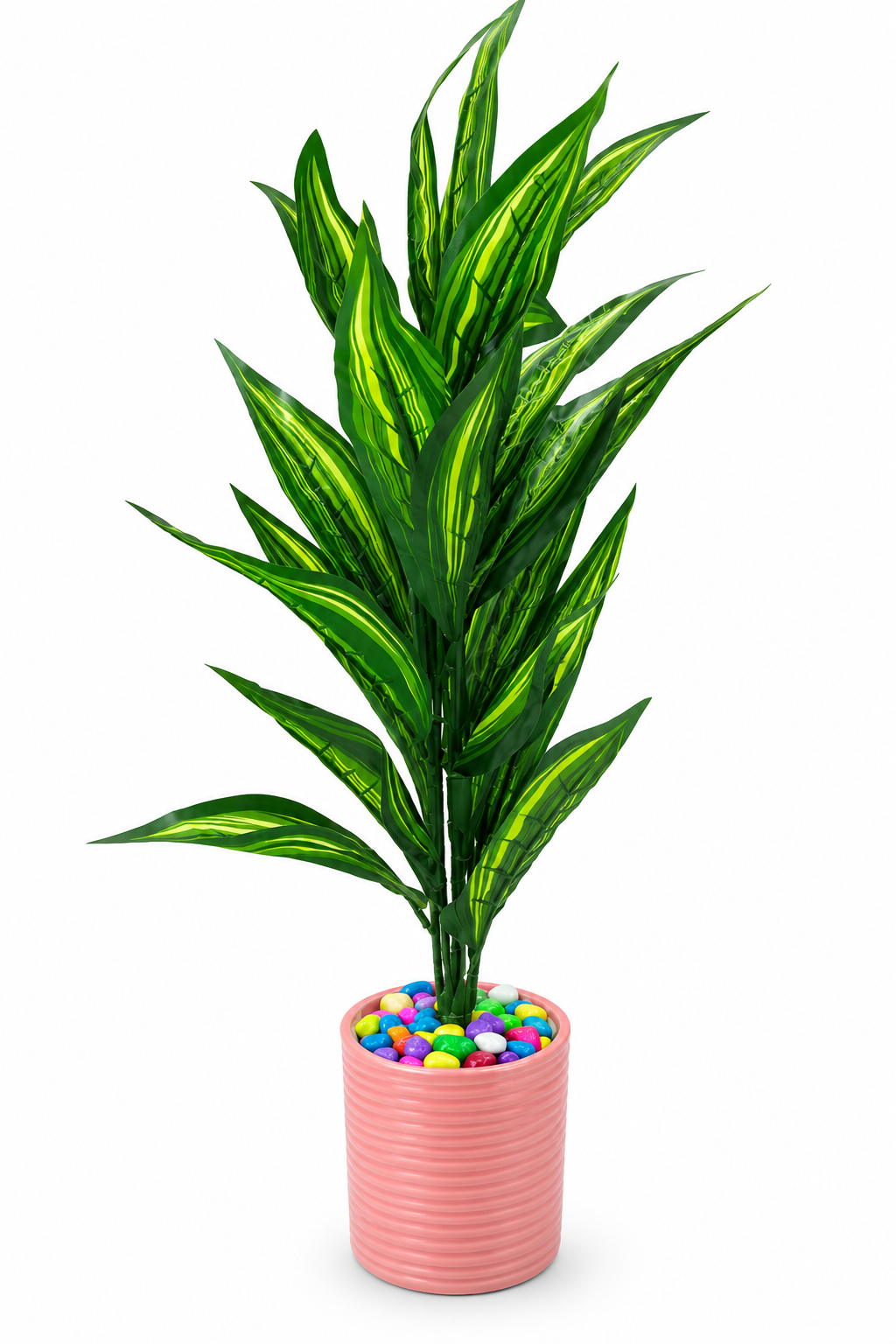 BOTAVEIL Artificial Green Striped Foliage Plant with Pink Decorative Pot and Multicolor Pebbles