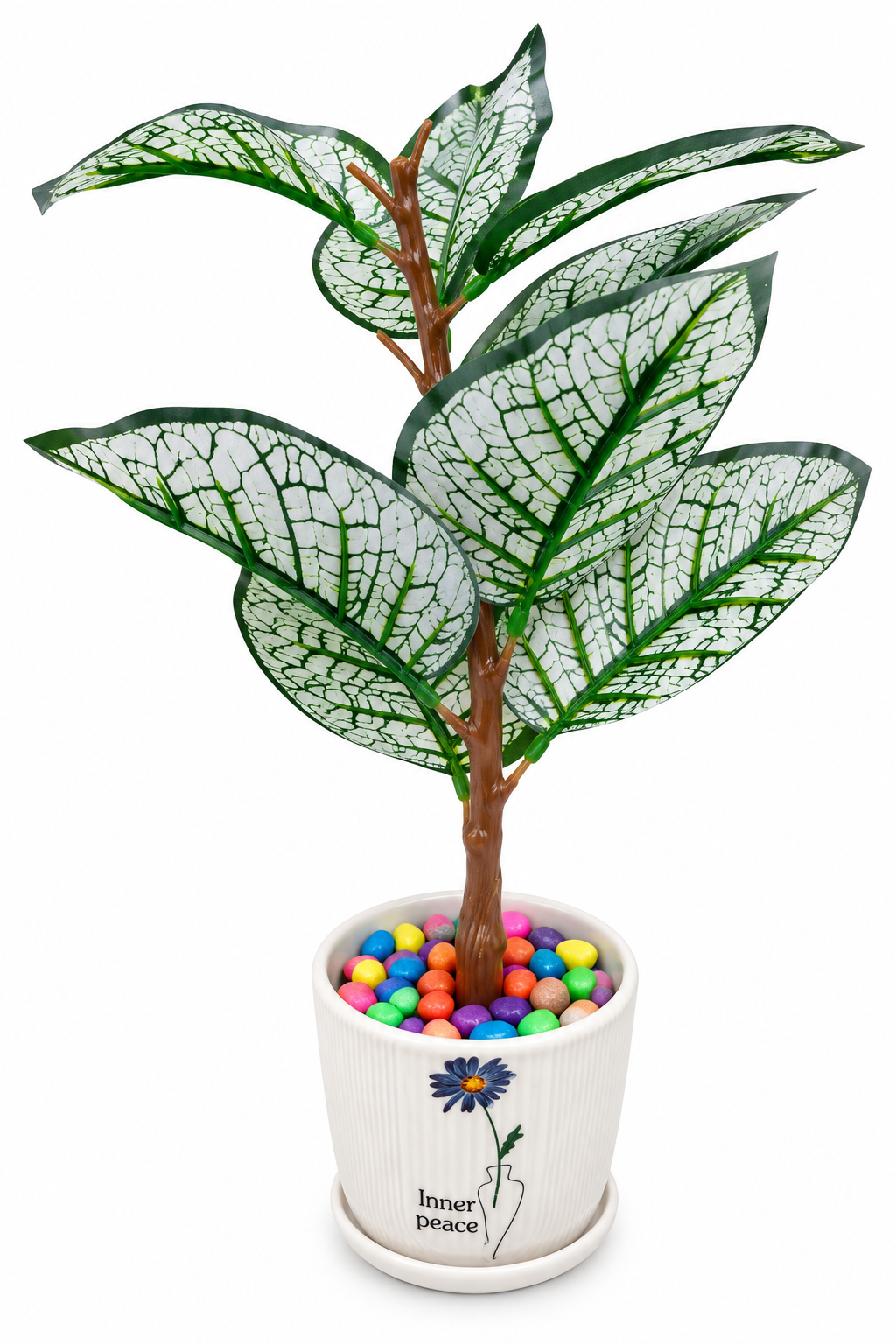BOTAVEIL Artificial Silver Vein Foliage Plant with White Floral Ceramic Pot