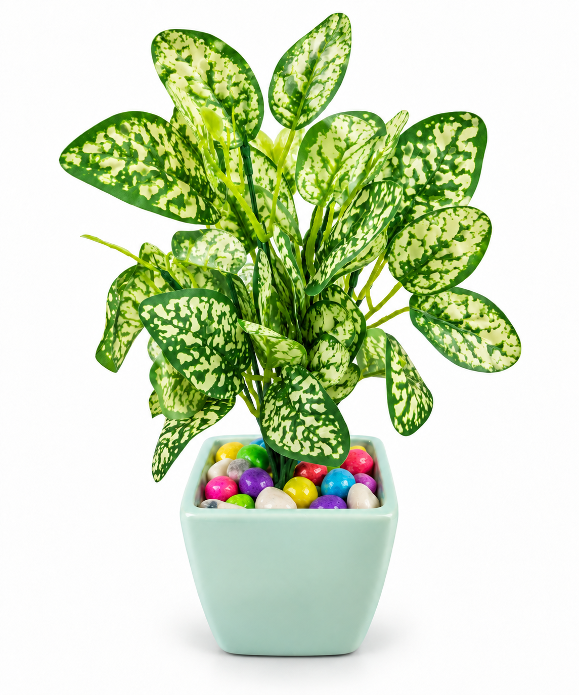 BOTAVEIL Artificial Aglaonema Plant with Light Blue Square Decorative Pot & Multicolor Pebbles
