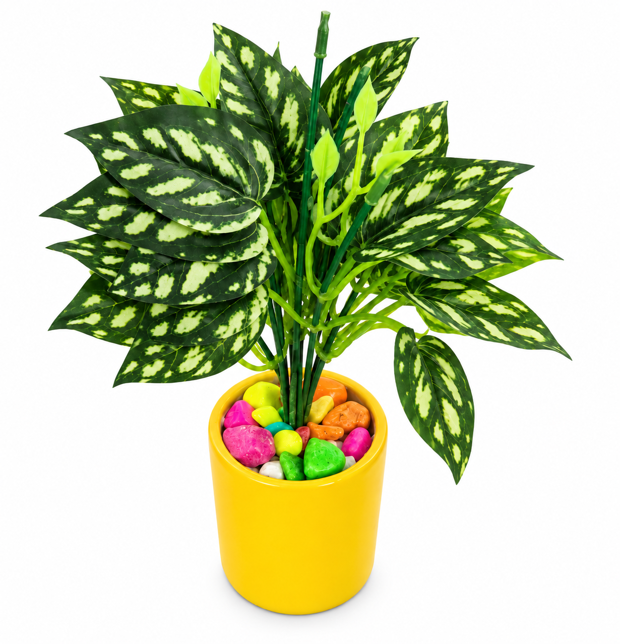 BOTAVEIL Artificial Aglaonema Plant with Yellow Decorative Pot & Multicolor Pebbles