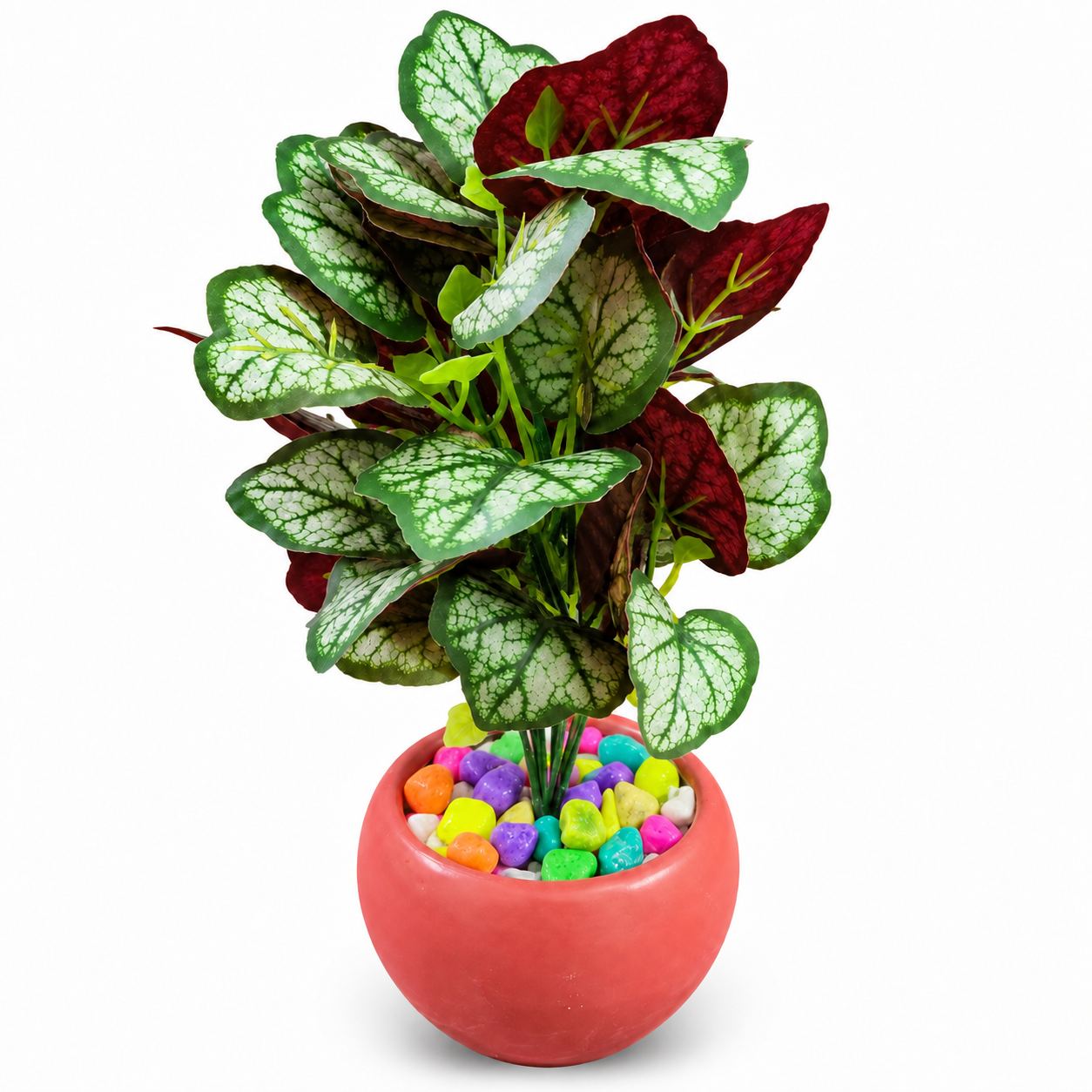 BOTAVEIL Artificial Begonia Rex Plant with Pink Round Decorative Pot & Multicolor Pebbles