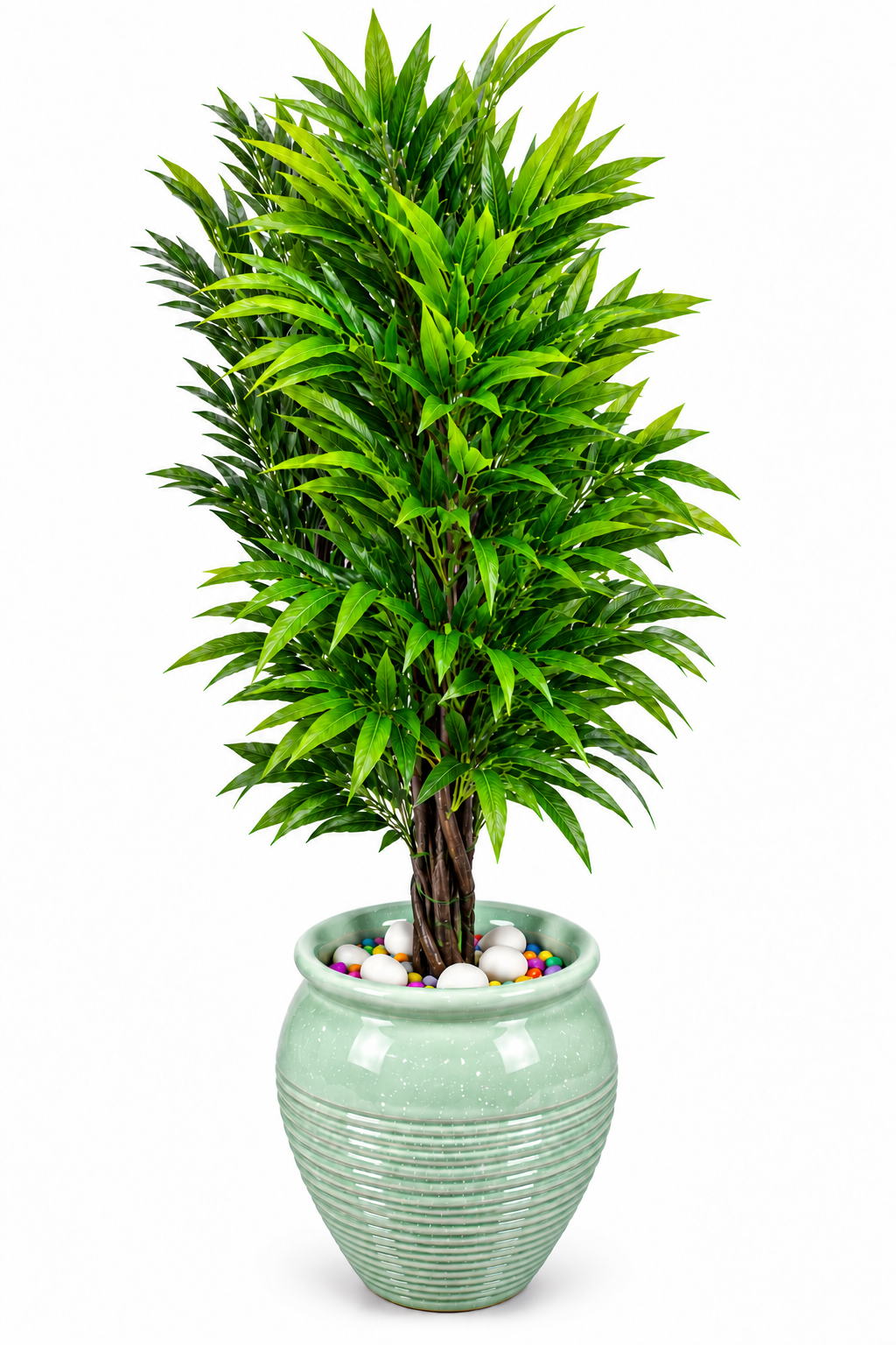 BOTAVEIL Artificial Bamboo Style Plant with Decorative Mint Green Pot and Colorful Pebbles