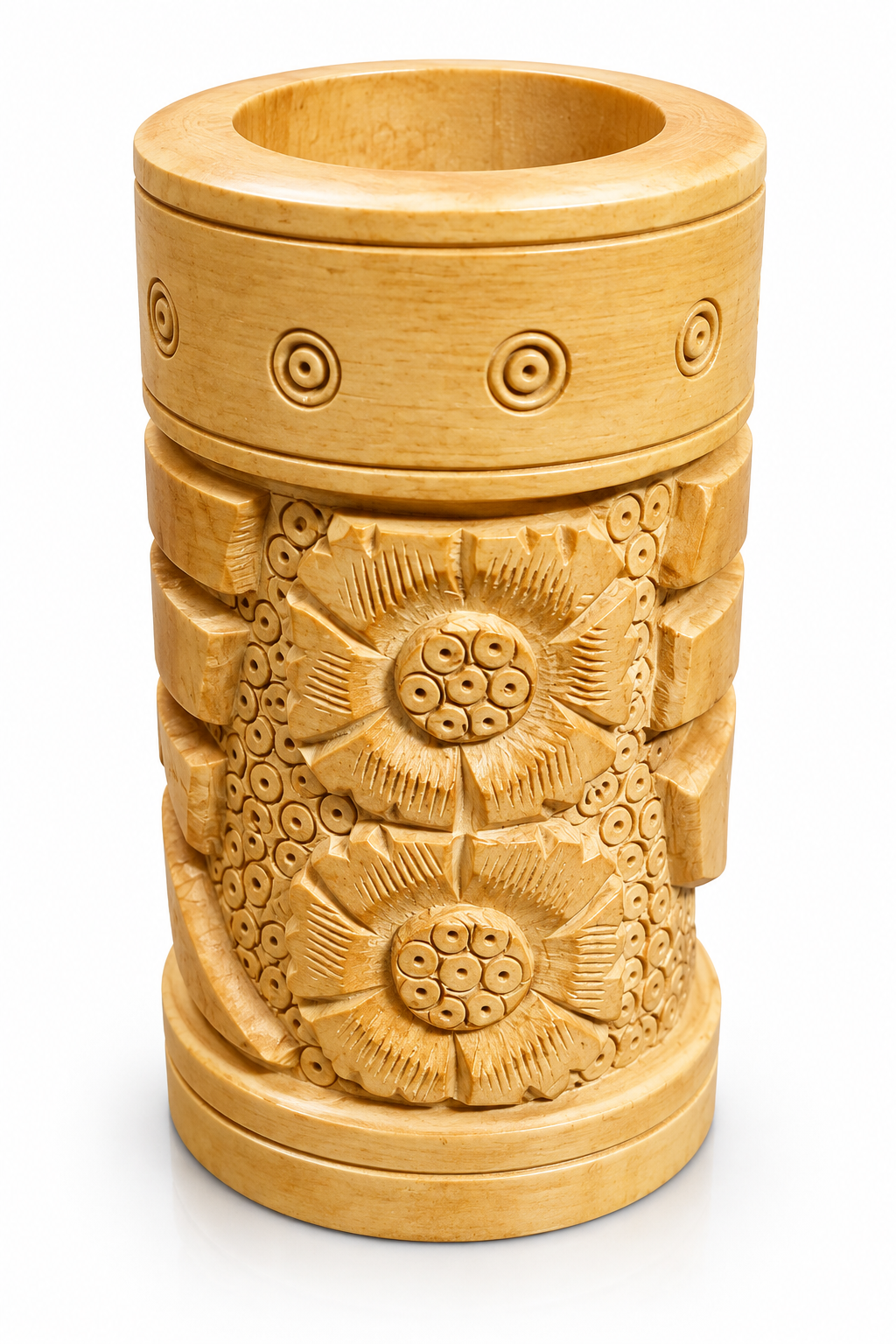 Botaveil Hand-Carved Wooden Pen Stand with Floral Carving (Round, Natural Finish)