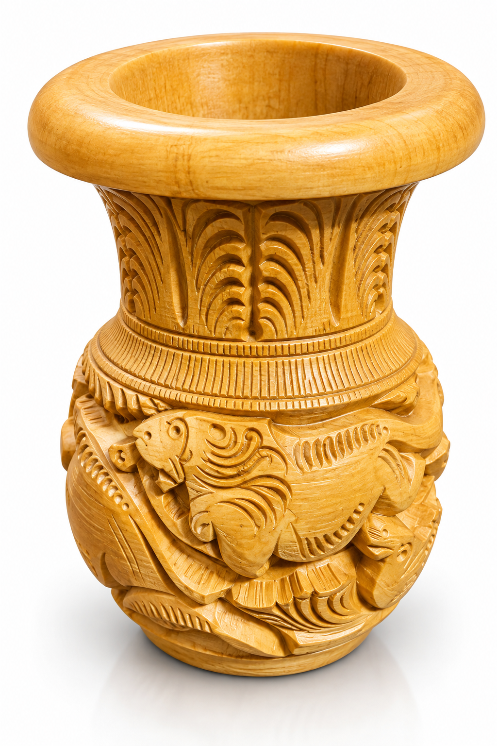 Botaveil Hand-Carved Wooden Vase with Elephant Carving (Natural Finish, Flared Rim)