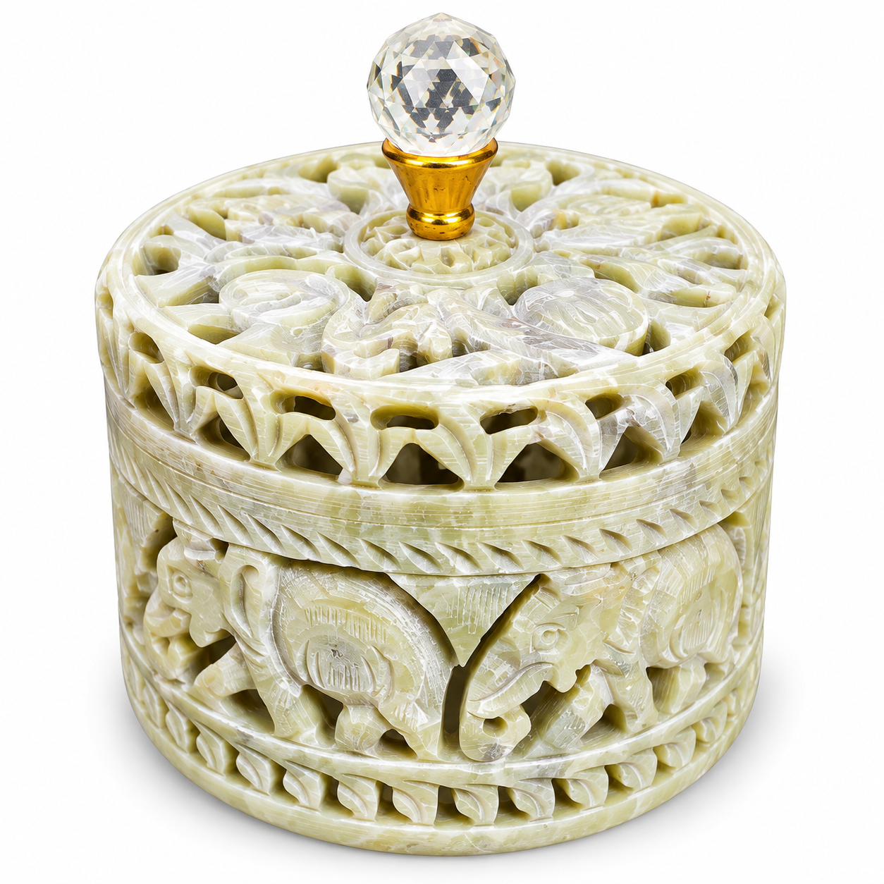Botaveil Carved Soapstone Round Elephant Jali Box with Crystal Knob Lid (Cream-Grey)