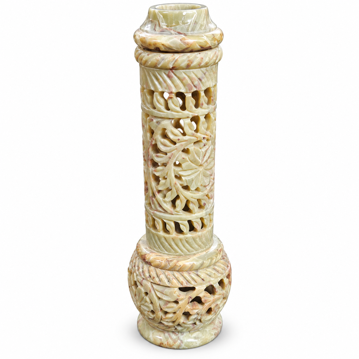 Botaveil Carved Soapstone Jali Tower Holder with Lid (Tall, Floral Cutwork)