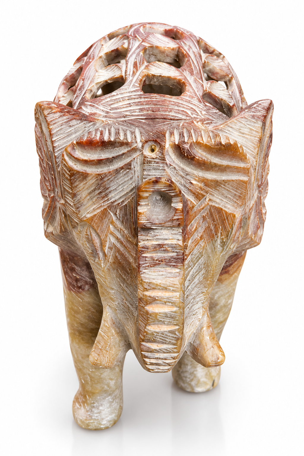 Botaveil Carved Soapstone Elephant Figurine with Jali Cutwork Back (Grey & Brown)