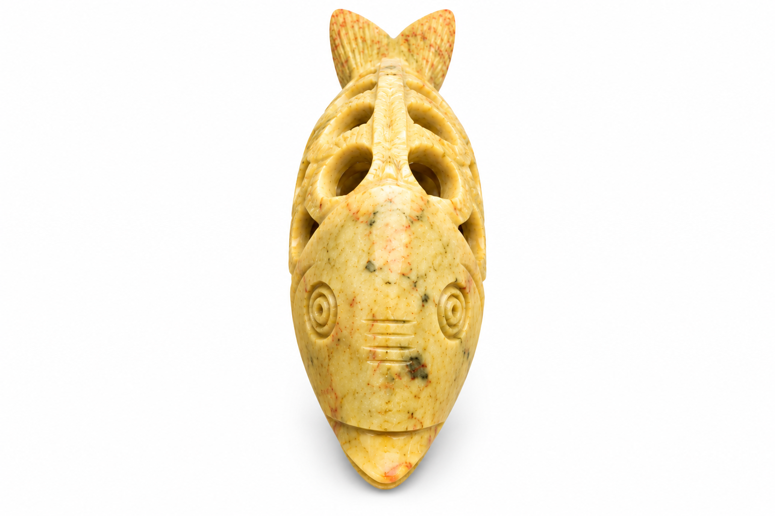 Botaveil Carved Soapstone Fish Figurine with Jali Cutwork Back (Olive Green, Trunk-Up)