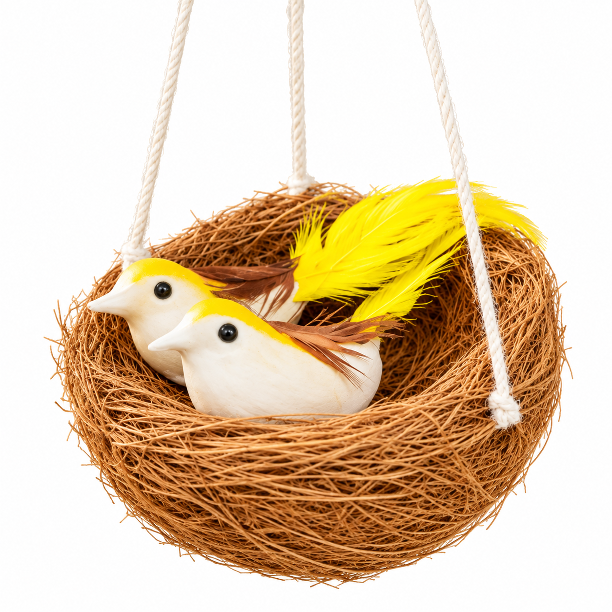 Botaveil Hanging Coir Nest with Two Birds (White & Yellow)
