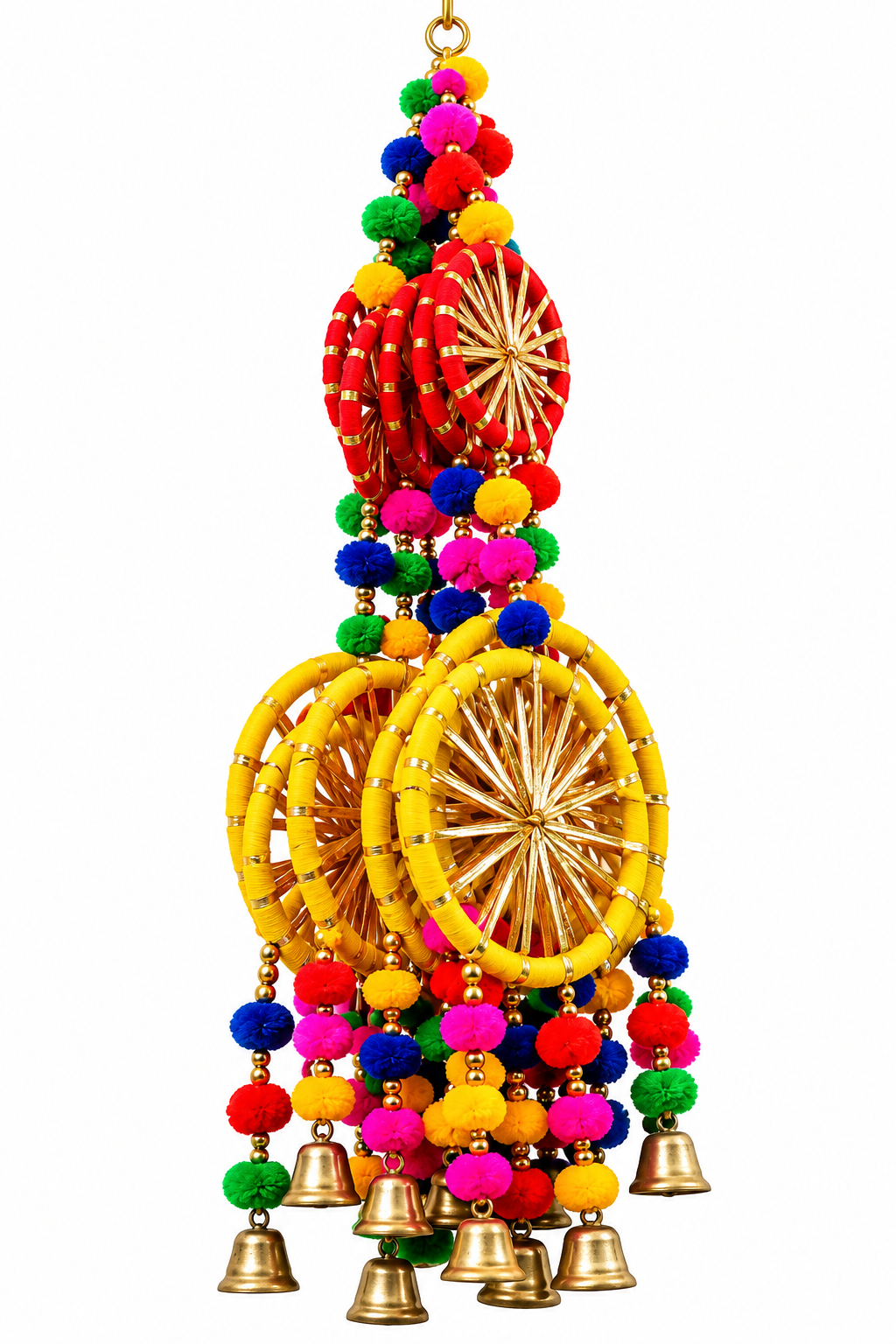 Botaveil Colorful Pom-Pom Wheel Hanging with Brass Bells (Red & Yellow Gota Chakra)