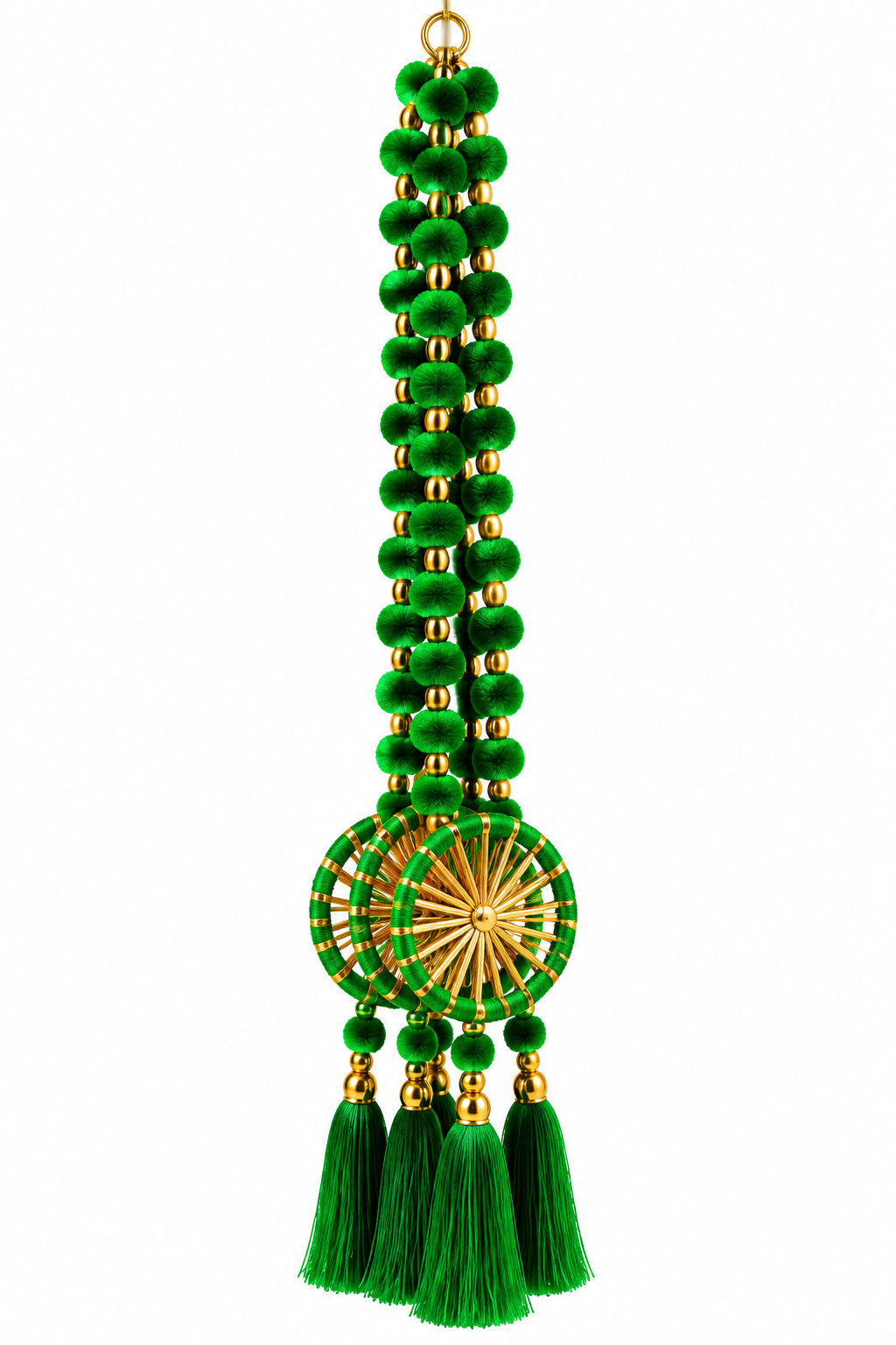Botaveil Green Bead Hanging with Gold Accents, Gota Wheels & Tassels (Multi-String)