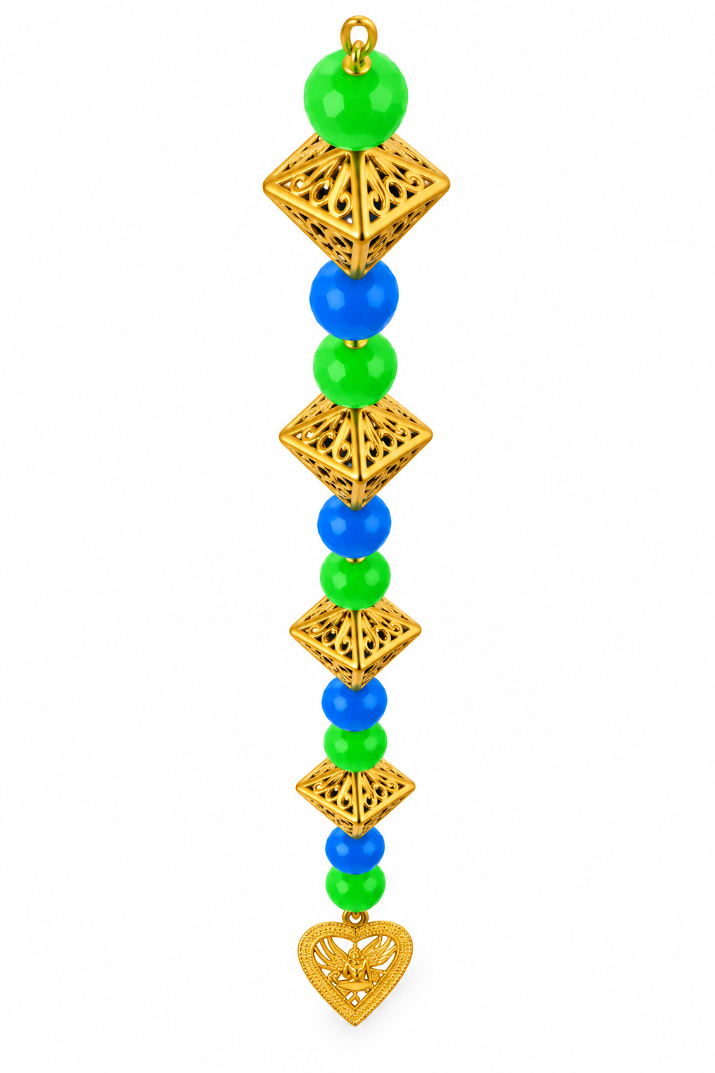 Botaveil Golden Diamond Bead Hanging Toran with Blue & Green Beads (Heart Charm)