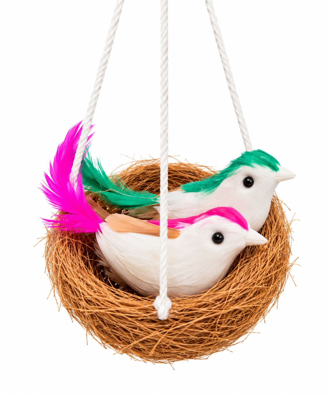 Botaveil Hanging Coir Nest with Two Felt Birds (White, Pink & Green)