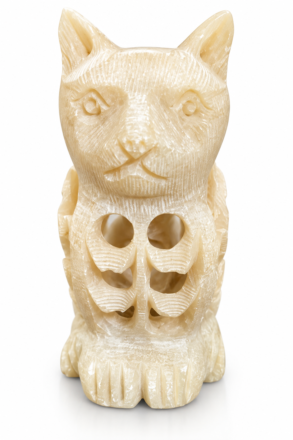 Botaveil Carved Cream Stone Cat Figurine with Jali Cutwork Body (Small)