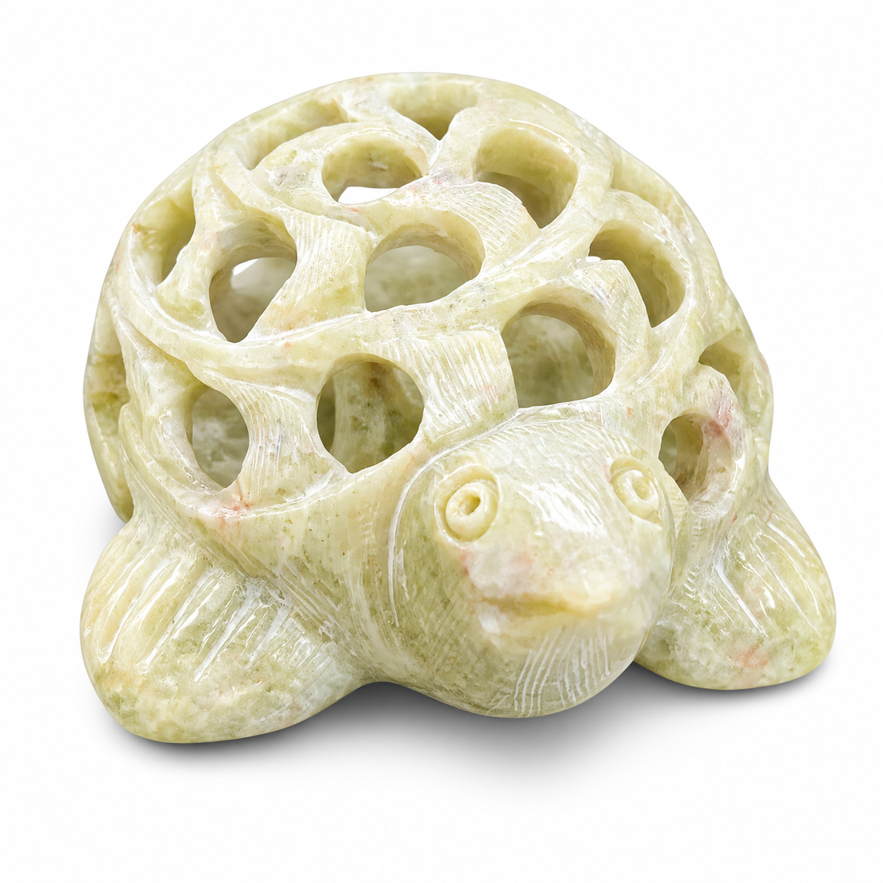 Botaveil Carved Soapstone Turtle Figurine with Jali Cutwork Shell (Large, Pale Green)