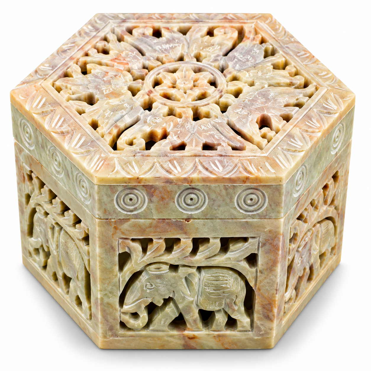Botaveil Carved Soapstone Hexagonal Jali Box with Elephant Lid (Beige-Brown, Cutwork)