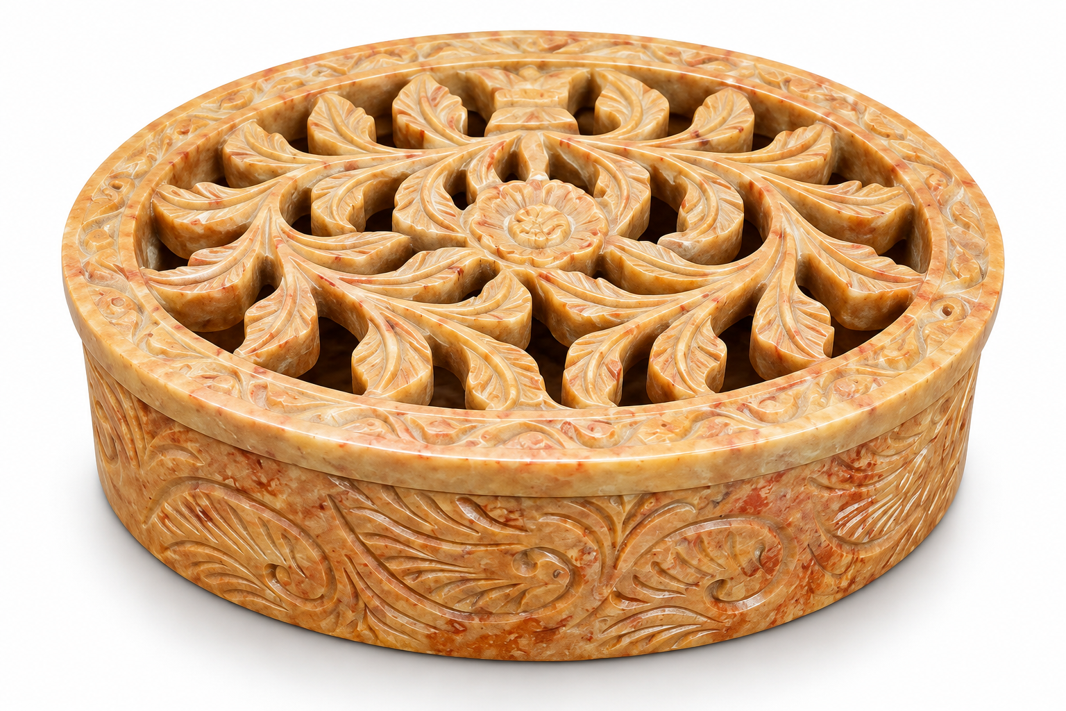 Botaveil Carved Soapstone Oval Box with Floral Jali Lid (Large)