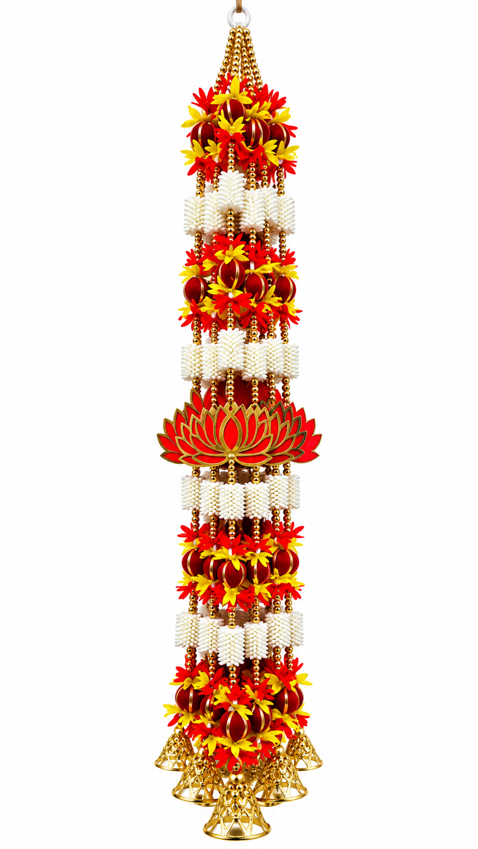 Botaveil Red & Yellow Floral Lotus Hanging with Golden Bells (Multi-String Toran)